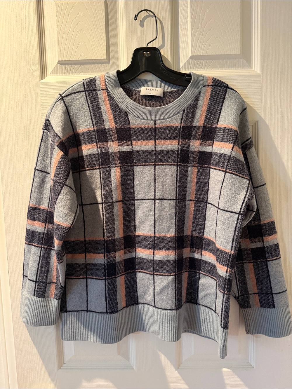 100 - Babaton Blue Plaid Crewneck Sweater with Navy & Blush Stripes